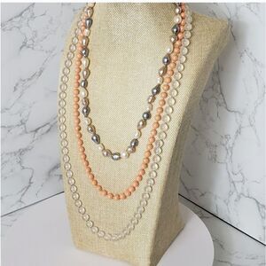 SET OF 3 Resin Beaded Necklaces Peach Cream Gray